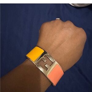 FENDI bracelet hinged cuff pink & yellow silver hardware size small